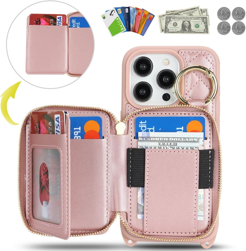 Hamany Crossbody Wallet Case for iPhone 14 Pro, PU Leather Zipper Handbag Purse Flip Cover, Kickstand Folio Case with Card Slots Holder Wrist Strap Lanyard 5G 6.1 Inch-Rose Gold - Image 2